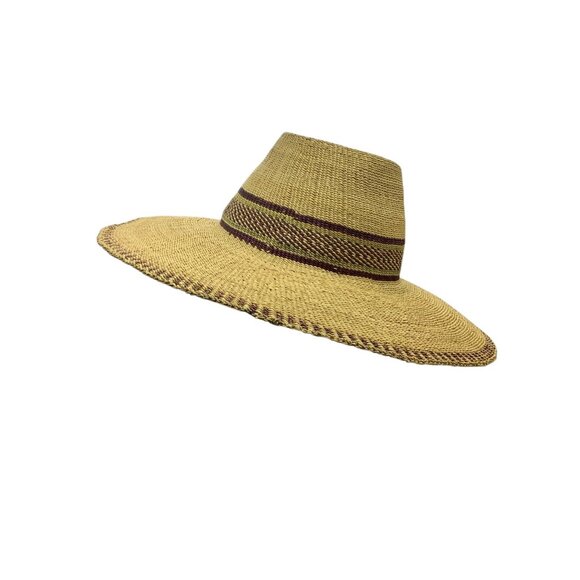 South American Handmade Wide-Brimmed Straw Sun Hat Burgundy Accents Finely Woven - Picture 4 of 7